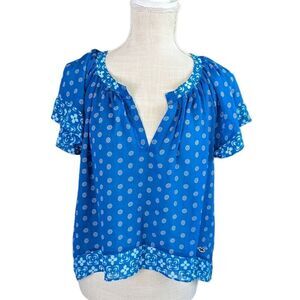 Hollister Women's Floral Boho V Neck Ruffled Short Sleeve Top Bright Blue XS New